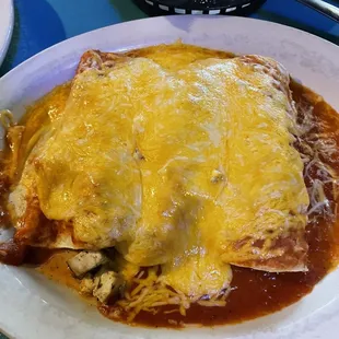This was my 3 enchilada plate. I had one of each chicken, ground beef and pork al pastor.  My rice and beans were on another plate.