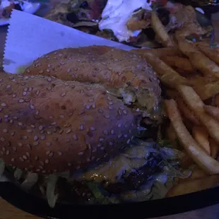 Burger w cheddar cheese  Side of fries