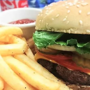 a cheeseburger and fries