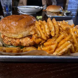 Smoked Salmon Burger with Waffle Fries