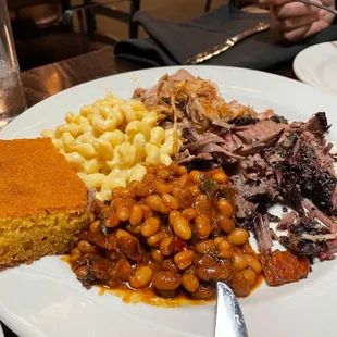 Brisket, pork, beans, mac n cheese, cornbread