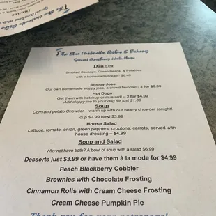a menu for the blue umbrella bistro