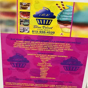 menu for blue velvet cupcakes