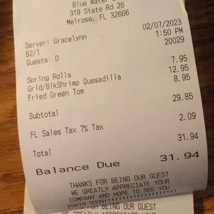 a receipt for a blue water bay restaurant