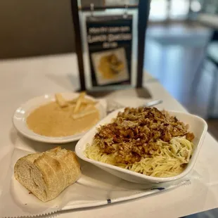 Weekday Lunch Special for $17.99. Build your own pasta; angel hair with scampi sauce and crab meat with lobster bisque as my side