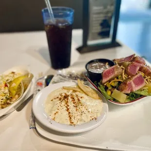 Shrimp Taco and Lunch Special (Seared Ahi Salad with New England Clam Chowder)