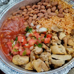 chicken, rice, beans and tomatoes