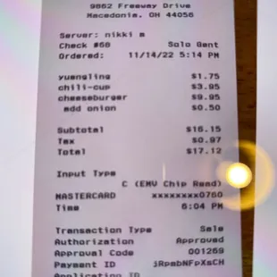 the receipt for the restaurant