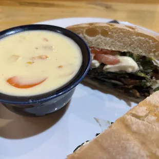 Portobello sandwich with salmon and corn chowder