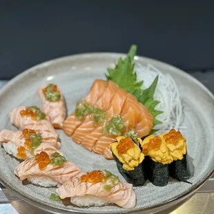 Salmon Belly Nigiri, Uni with Ikura, Salom Sashimi.