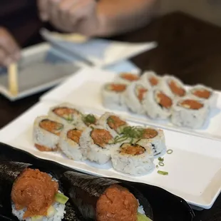 Spicy tuna hand roll, spicy yellow tail cut roll &amp; spicy tuna cut roll