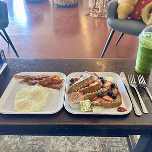 French toast and side of eggs and bacon.......and: GREEN JUICE!