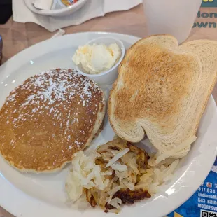 Whipped butter, Pancake, hash browns, toast