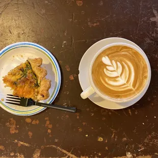 Wonderful Quiche with a latte.