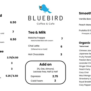 Bluebird Drink Menu