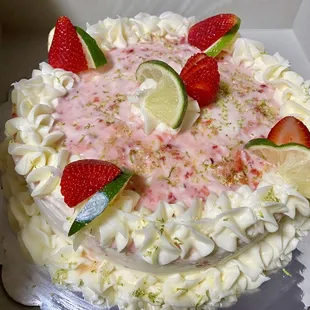 Fresh and tart strawberry margarita cake with infused tequila.
