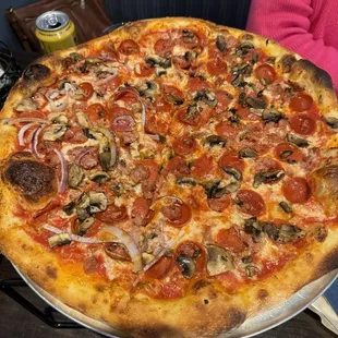 Sausage, Pep, mushrooms and onions.