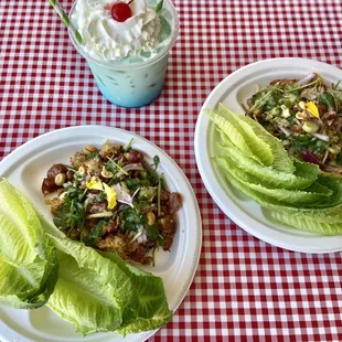 Thai sausage and crispy rice lettuce wraps and a blue raspberry Italian soda!! Best thing I've eaten in awhile