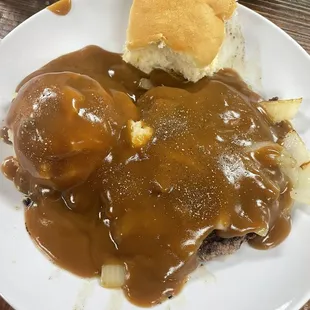 Chopped steak smothered in gravy