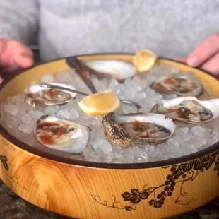 a person holding a bowl of oysters