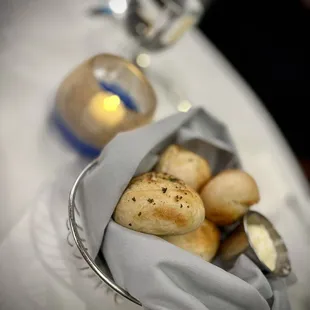 a basket of bread rolls