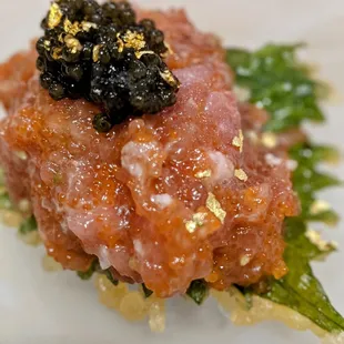 Start of my omakase, Toro tartar style on tempura battered leaf