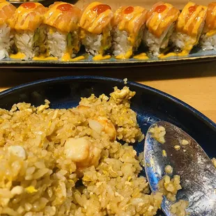 Top: spicy salmon mania  bottom: shrimp friend rice
