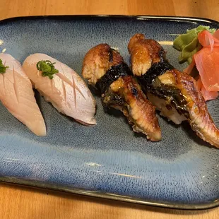 Yellowtail belly and unagi sushi