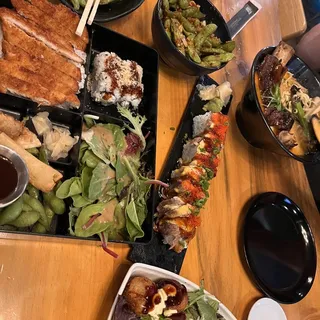 Comes with steamed rice, gyoza, bella spring roll, salad, and half crunchy california roll. Complimentary miso soup for dine-in customers only. (no substitution)