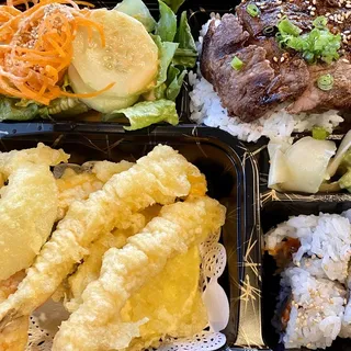 B2. Tempura, Teriyaki Steak and Spicy Hamachi Roll Dinner