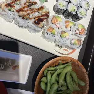 Alaskan roll, eel roll, cucumber roll and edamame