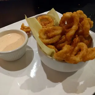 The calamari. All attached together. Tastes more like onion rings than calamari. Don't spend your money on this