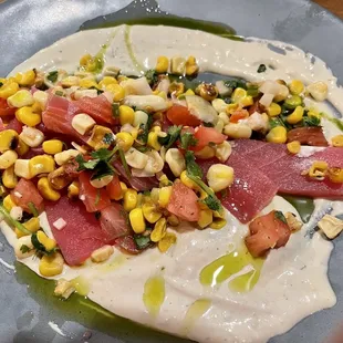 Tuna Sashimi roasted corn and green goddess avocado dressing! #delish
