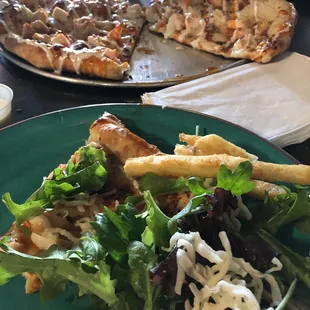 Pizza, salad and fries
