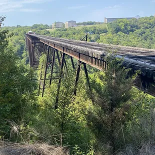 The old trestle bridge with the rickhouses of Wild Turkey Distillery in the background.