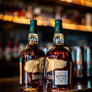 two bottles of buffalo trace bourbon