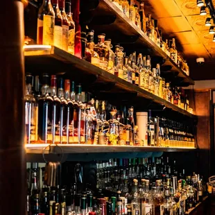 shelves full of liquor bottles