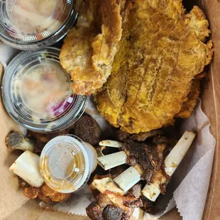 Fried Goat (Tassot) with Fried Plantain, Side Pikliz