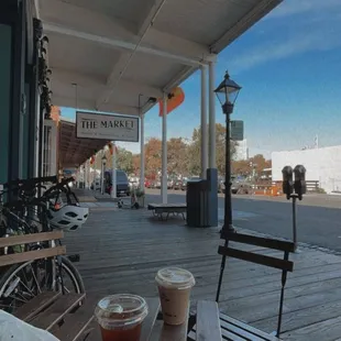 Iced coffee, patio, iced caramel latte.