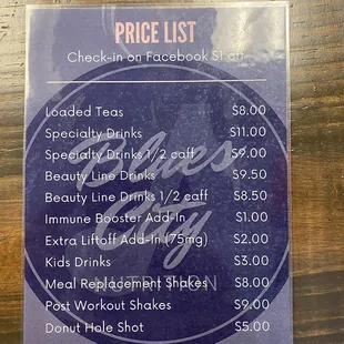 price list and prices