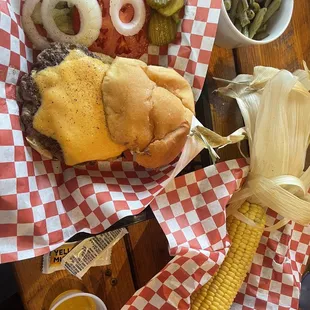 Build your own -beef- burger with green beans and smoked corn.