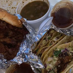 Mini tacos and chop brisket sandwich