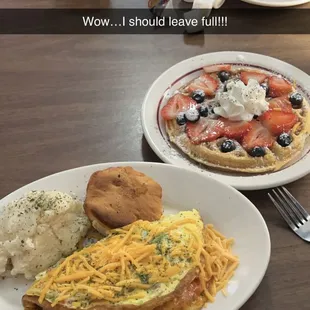 Spanish Omelet with grits  Waffles with fruit