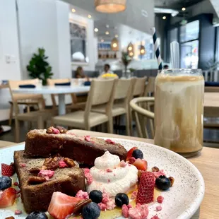 Banana Bread ($15.50) and Aussie Iced Latte with oat milk ($6.90)