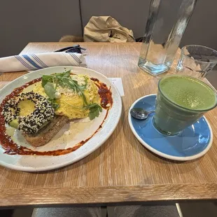 Soft Chili Scramble w/ Avocado Lavender Matcha Latte