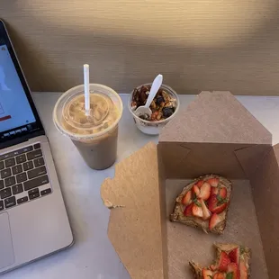 Yogurt cup, berry toast and Aussie Iced Latte