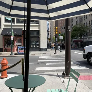 a table and chairs on the sidewalk