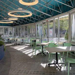 tables and chairs in a restaurant