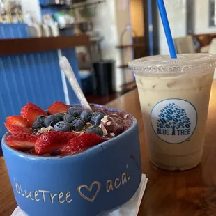 Very Berry Açaí bowl and Teddy Graham Latte with Oat Milk
