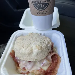 Caramel Macchiato - Large &amp; Bacon Egg Cheese Biscuit (Swiss is best!)